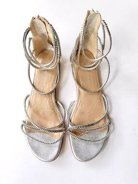 Stuart Weitzman Chaindown Metallic Silver Strappy Chain Leather Sandals 9.5 N